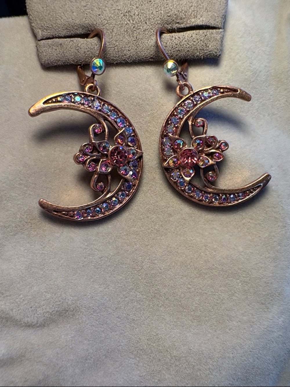 Kirks Folly Rose Gold Moon and Pink Crystal Flower Drop Earrings